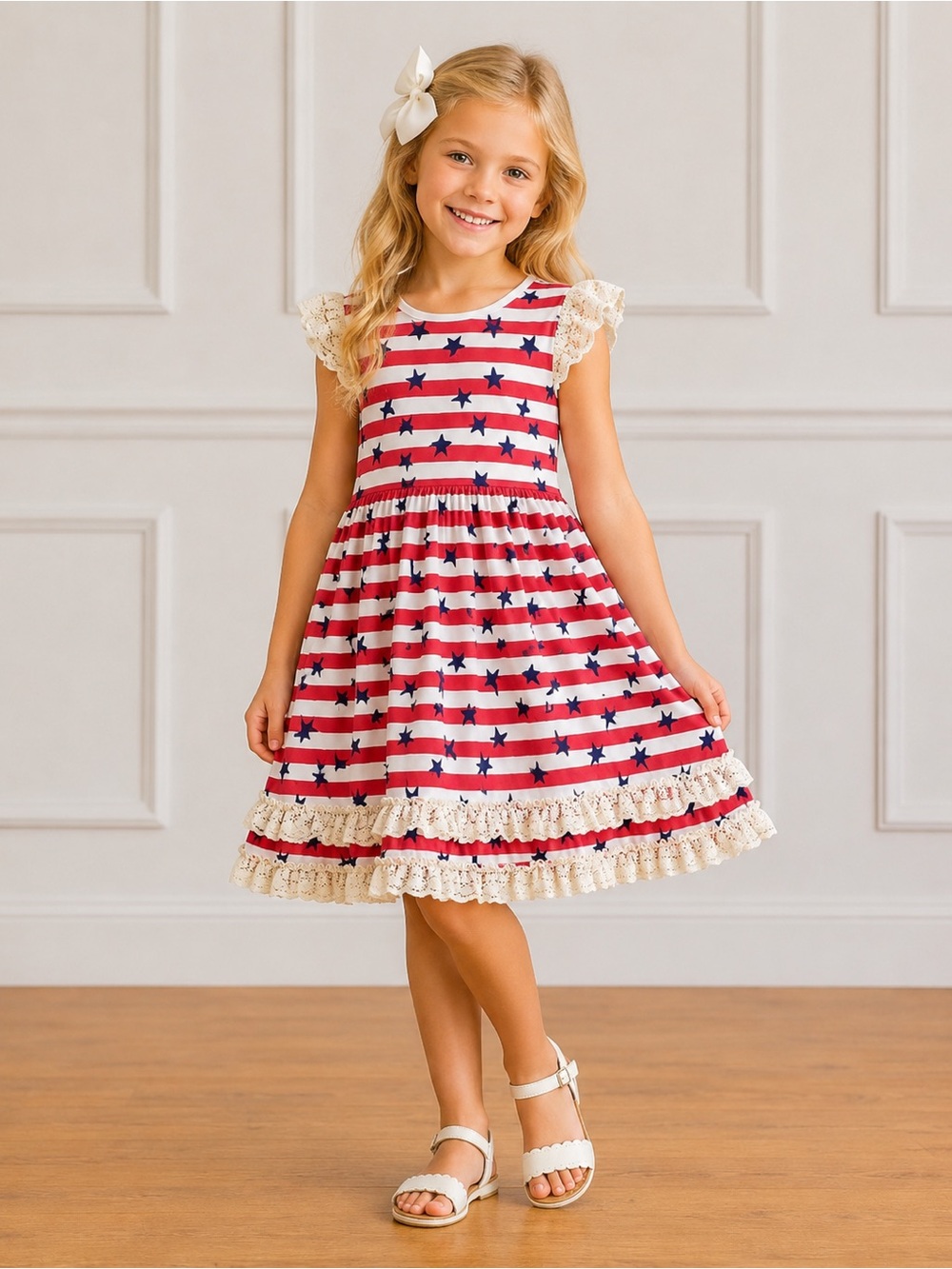 BMG Girls Red, White & Blue Star Striped Dress with Lace Trim Size 8Y
